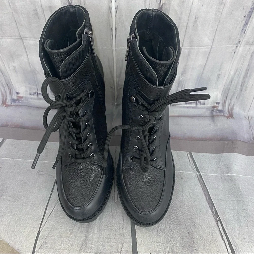 Antonio Melani Size 7.5M 7.5 Black Leather Lace Up Chunky Ankle Booties Zip - Picture 5 of 15